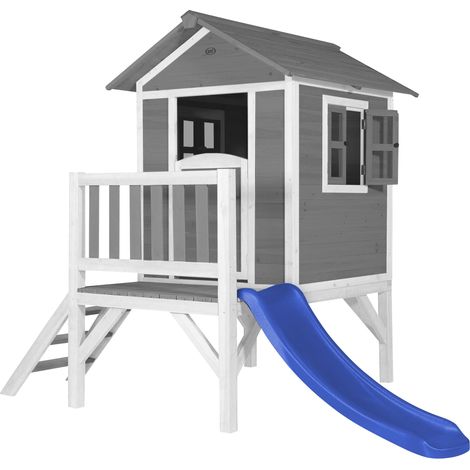 Axi Maison Enfant Beach Lodge Xl En Gris Avec Toboggan En Bleu  Maison De Jeux En Bois Ffc Pour Les Enfants  Maisonnette / Cabane En Bois