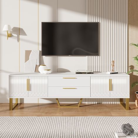 Meuble TV brillant 170 cm avec 2 tiroirs et portes texturées gravées, poignées dorées et pieds dorés, meuble TV pour salon, grand espace de rangement, style luxe moderne, Blanc (1/5)