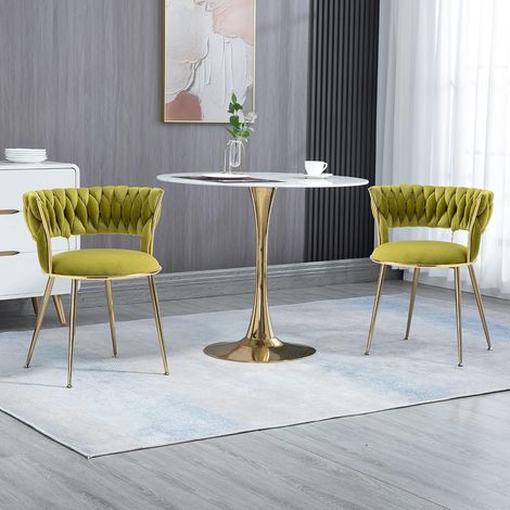 Set of 2 mid-century modern style velvet upholstered dining chairs with woven backs and gold metal legs, olive (1/5)