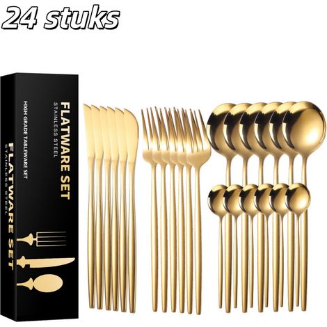 Ménagère 24 pièces en acier inoxydable doré compatible lave vaisselle pour 6 personnes comprenant fourchettes couteaux cuillères et cuillères à café pour repas quotidiens et occasions spéciales (1/5)