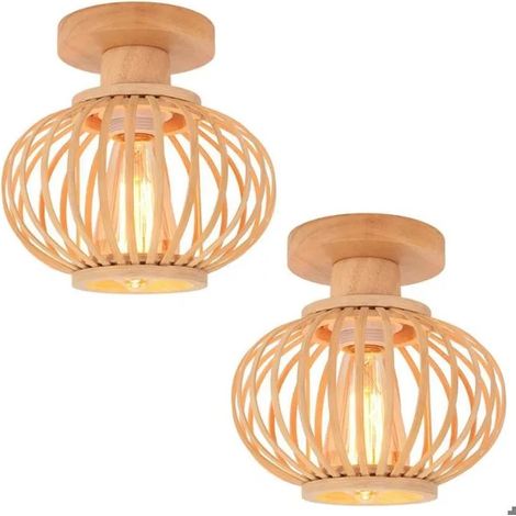 2x Plafonnier en Cage,Lustre Boho Lampe de Plafond Abat-jour en Bambou et Bois Rétro Ø20cm Design Lanterne pour Salon Chambre (1/5)