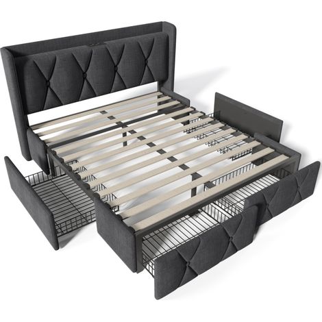 Lit rembourré 160x200 cm avec 4 tiroirs, USB et prises, gris MODENUIT (1/5)