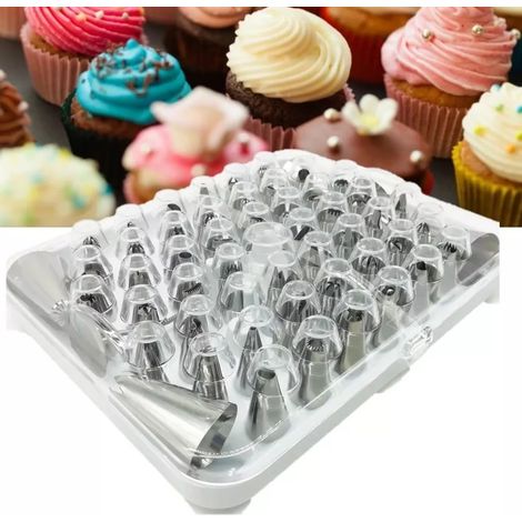 Tortendekorationsdüsen 55-teiliges Set Schadstofffreie Düsen aus Edelstahl 430 Rostfrei Inklusive Adapter und 2 Rosetten (1/5)