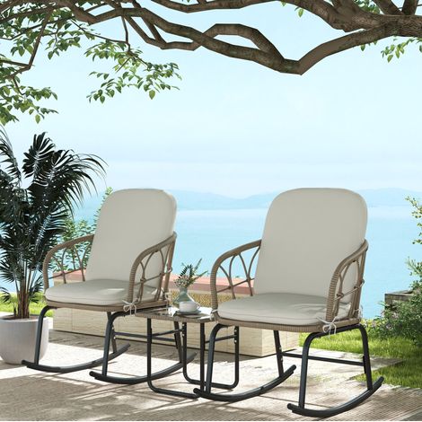 Salon de jardin 3 pièces à bascule en résine tressée, 2 fauteuils et 1 table basse avec coussins, coloris jaune, pour terrasse et balcon CHICFURN (1/5)