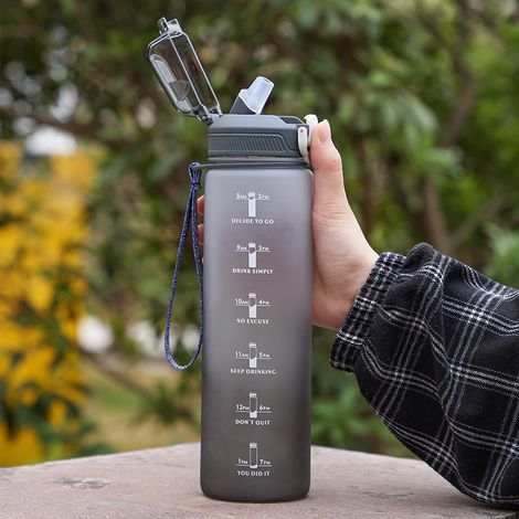 1-Liter-Wasserflasche mit auslaufsicherem Klappverschluss, Strohhalm und Handschlaufe, motivierendes Design (1/4)