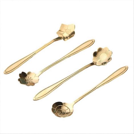 Lot de 4 cuillères à café/dessert en acier inoxydable à motif floral, avec une jolie rose dorée. (1/5)