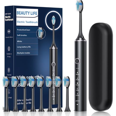 Brosse à dents électrique sonique 6 modes, poils souples, étui de transport, 8 têtes de remplacement, Noir (1/5)