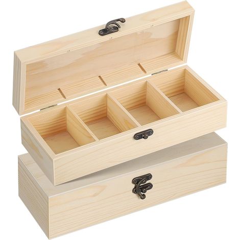 Boîte de Rangement en Bois 4 Compartiments Petit Format Bois Naturel Couvercle Charnière Organisateur pour Bricolage Maison 2 Pièces (1/5)