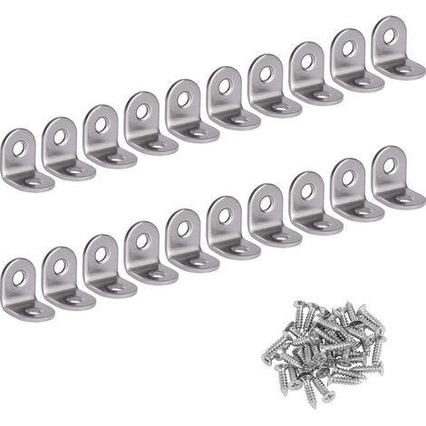Équerre à angle droit, acier inoxydable, équerre d'angle à 90 degrés, équerre en L, support de fixation avec 20 vis argentées, 20 x 20 x 16 mm (1/5)