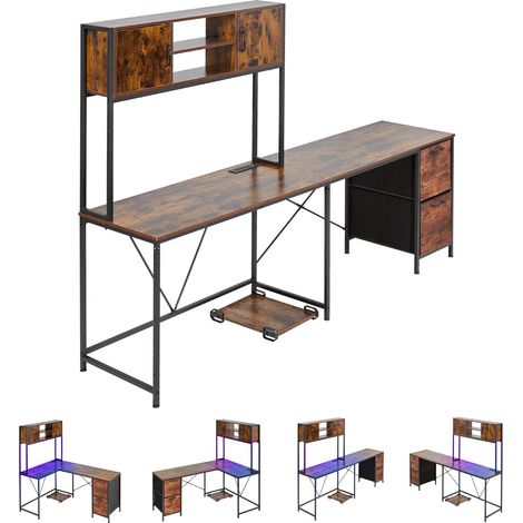 Bureau gaming en L avec éclairage LED, bureau d'angle réversible de 1,58 m avec prises électriques, support CPU amovible et tiroirs de rangement, table de jeu PC moderne et élégante pour le télétravai (1/5)