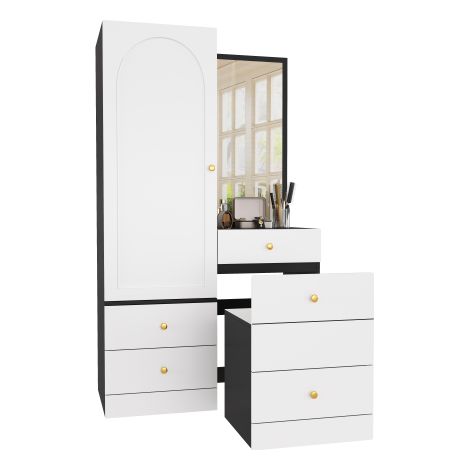 Armoire de Maquillage Multifonction avec Pouf Coulissant et Grand Miroir, Meuble de Rangement en MDF avec Tiroirs Séparés pour Cosmétiques et Vêtements, Poignées Rondes en Fer, Idéal pour Chambre à Co (1/5)