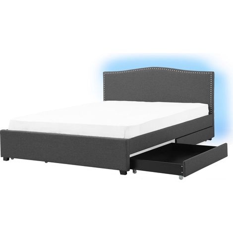 Cama tapizada en poliéster gris 160 x 200 cm diseño tradicional con cabecero glamour con almacenaje y LED multicolor Montpellier