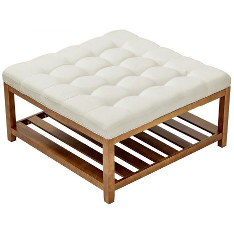 Grande table basse carrée capitonnée en lin, 875 mm, repose-pieds rembourré avec étagère de rangement en bois massif, capacité de poids 181,44 kg, pour chambre à coucher, salon, blanc cassé (1/3)