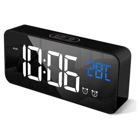 Pair (Noir)Réveil Numérique avec Grand Affichage de la Température LED, Alarme de Miroir Portable avec Double Alarme Roupillon Temps Gradateur de Luminosité Réglable sur 4 Niveaux (1/5)