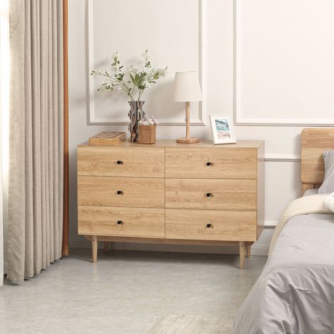 Cassettiera a 6 cassetti, mobile contenitore con gambe in legno massello, 120 x 40 x 80 cm, colore legno.