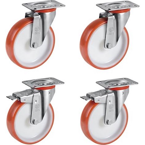 Lot de 4 roulettes pivotantes et pivotantes à frein polyuréthane rouge 125 mm - 660 Kg (1/3)