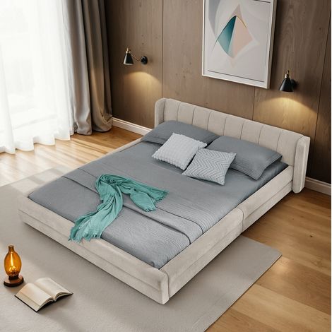Lit double en tissu chenille beige 140x200 cm, tête de lit confortable, structure renforcée (1/5)