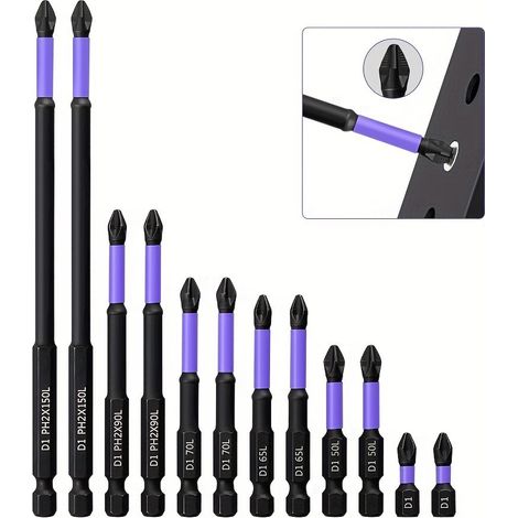 12 Stück magnetische, hochfeste Schlagbits in Lila, PH2, aus hochwertigem S2-Stahl – Komplettset (1/5)