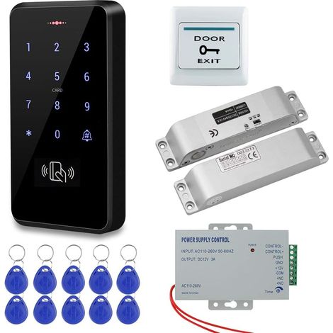 1 Kit Contrôle d'accès, Clavier RFID IP68, Serrure électrique, Alimentation 12V, Bouton sortie, 10 Keychains, Extérieur