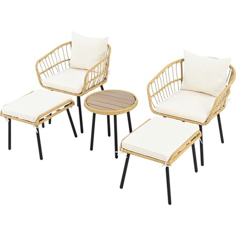 Set da giardino 5 pezzi in rattan bianco naturale con tavolino, 2 sedie e 2 pouf (1/5)