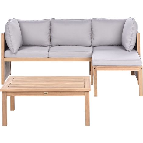 Garden Corner Sofa Set Grey Certified Acacia Wood Fabric 3 Seater with Coffee Table Removable Cover Cushions UV and Water-Resistant ARABBA