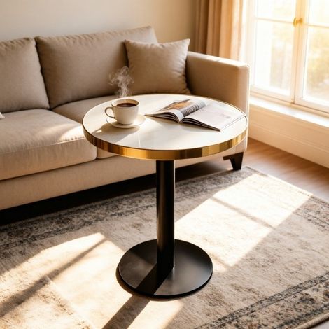 Table à manger 60x60x74cm ronde effet marbre UV, cadre acier inoxydable doré, socle stable, design luxueux chambre bureau déco luxe
