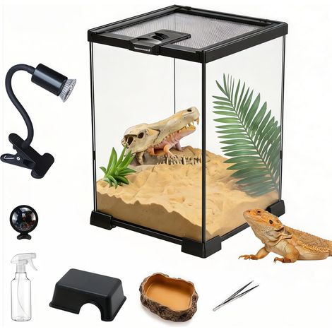 Terrarium en Verre pour Reptiles et Amphibiens - Kit Complet de Démarrage avec Lampe de Chauffage, Cachette et Bol d'Alimentation - Mini Habitat pour Lézard, Gecko, Grenouille, Insecte - 20x20x30 cm (1/5)