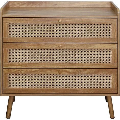 Calicosy – Commode enfant 3 tiroirs en rotin naturel L80 cm – Poignées dorées – Pieds en bois décor bois – Collection Palmo