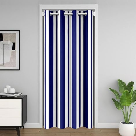 Cortinas de entrada para exteriores con rayas azules y blancas, cortina cálida para puerta, 132x203cm, cortina opaca geométrica abstracta, cortinas modernas con diseño de rayas. (1/5)