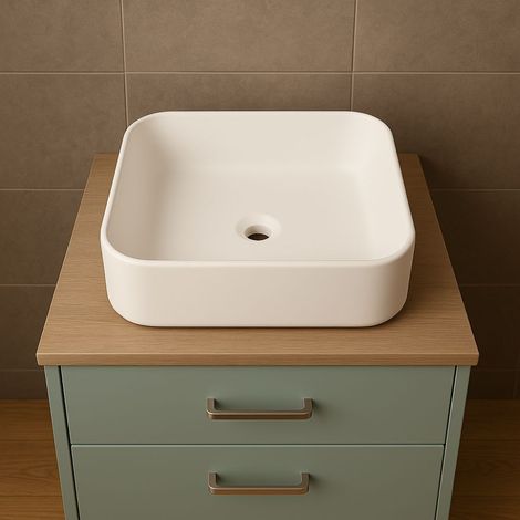 Lavabo d'appoggio ceramica bianco quadrato lavandino bagno dimensioni cm 38,5x38,5x14 finitura- opaco - confezione 1 (1/5)