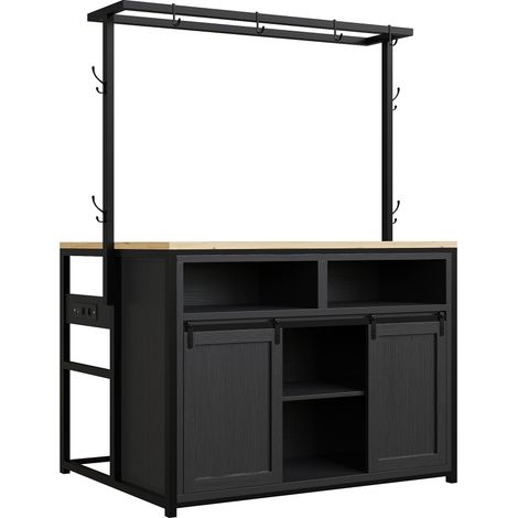 Isla de cocina con encimera y toma eléctrica, 183 cm, MDF y metal, negro (1/5)