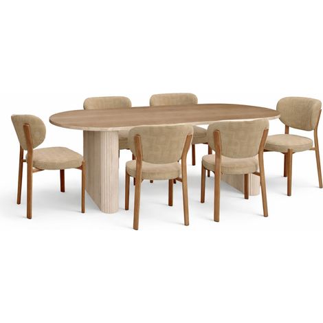 Table ovale effet bois 220cm + 6 chaises en tissu (1/3)