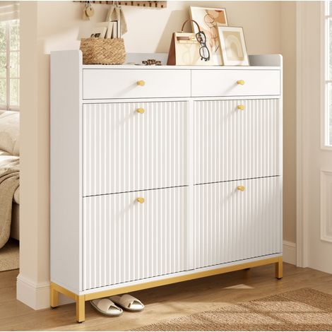 Platzsparender weißer Schuhschrank mit 4 Klappen und 2 Schubladen, 106,5 x 25 x 107 cm (1/5)