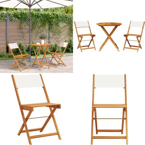 Set da Bistrot 3pz Bianco Crema in Tessuto e Legno Massello - Sedia da giardino - Mobili da esterno