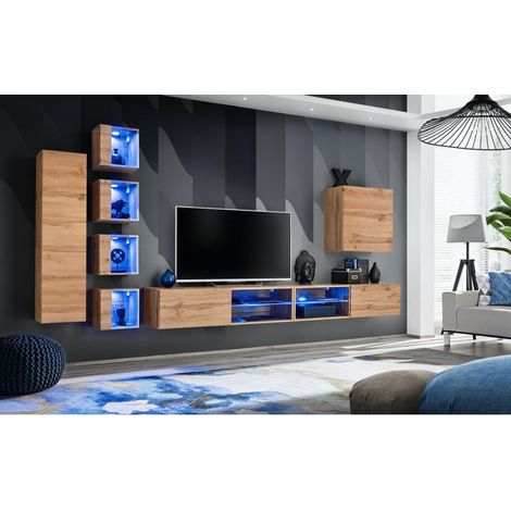 Ensemble meuble TV mural Switch XXVI - L 320 x P 40 x H 150 cm - Marron - Livraison gratuite