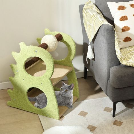 Arbre à Chat à 2 Niveaux pour Chats d'Intérieur en Forme de Dinosaure avec Balle Rotative en Sisal à Gratter Tissu Doux en Peluche Vert (1/2)