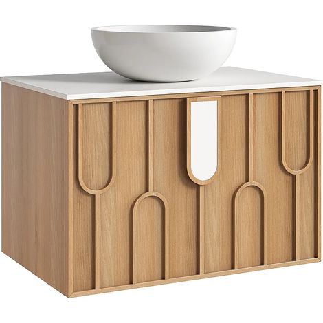 Mobile bagno testurizzato sospeso con lavabo da appoggio rotondo in solid surface Naturale chiaro L75 cm - MERKAN (1/5)