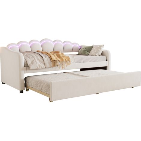 Cama nido 90x200 cm con cama extraíble, terciopelo beige, LED RGB en cabecero y estilo minimalista para dormitorio pequeño o juvenil  CHICFURN (1/5)
