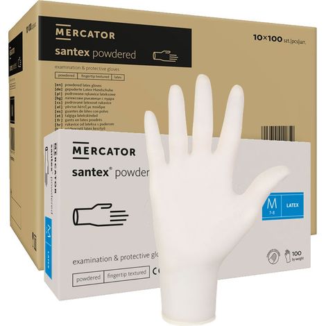 Gants en latex poudrés Santex, taille M, boîte de 100 gants, paquet de 10. (1/5)