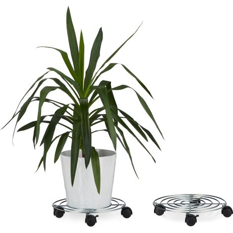 Relaxdays Set 2 Soportes Macetas Ruedas Redondos, Con Freno, Acero, Plateado, 6 x 32 x 32 cm