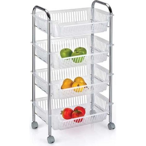 CARRELLO PORTAFRUTTA DA CUCINACON 4 CESTI 28 X 46 X H90 CM COLORE BIANCO ARGENTO