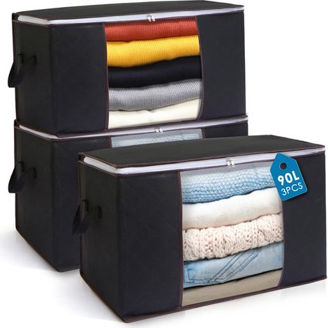 AIOR 3Pcs 90L Sac de Rangement Vetement Pliable avec FenêTre Transparente, Non-tissé Grande Boite Rangement Vetement pour Couettes, Couvertures Jouets VêTements, 60x40x35cm (1/5)
