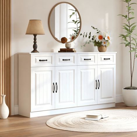 Credenza Sideboard 160x35x80 cm, multifunzione con 4 cassetti e 4 ante, MDF bianco (1/5)