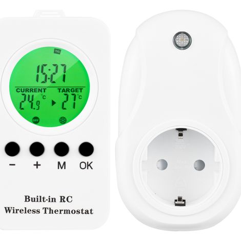 Thermostat sans fil 230 V 16 A, télécommande, prise enfichable, plage de température 0 à 70 °C, minuterie sans fil, affichage numérique rétroéclairé vert. (1/5)