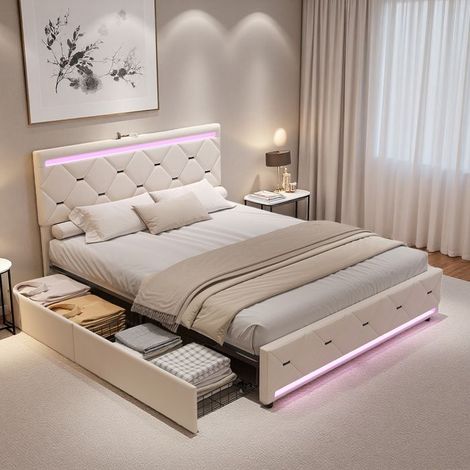 Lit 140x190 cm, 2HXF, USB, LED, Scandinave, lit adulte, cadre de lit double 140x190 cm, Velours, Beige
