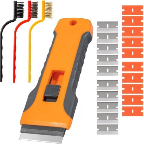 Grattoir Rétractable pour Plaque de Verre – 10 Lames Métal, 10 Lames Plastique, 3 Brosses Acier, Outil Multi-Usage Nettoyage Étiquettes, Colle et Silicone (1/5)