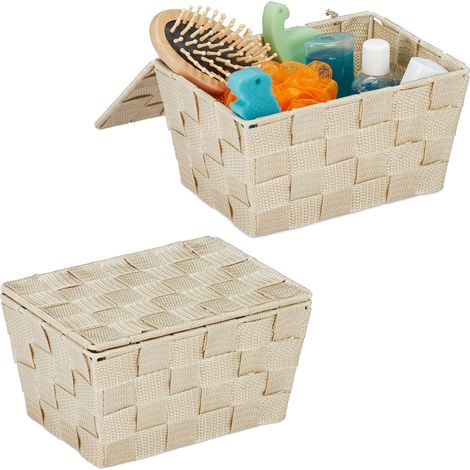 2x Cajas de almacenaje con tapa, Cesta de almacenamiento, PP, 10,5 x 19,5 x 14,5 cm, Beige