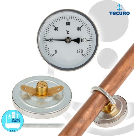 tecuro Bi-Metall Ø 63 mm Anlegethermometer 0 - 120°C Metallausführung mit Klemmfeder (1/4)