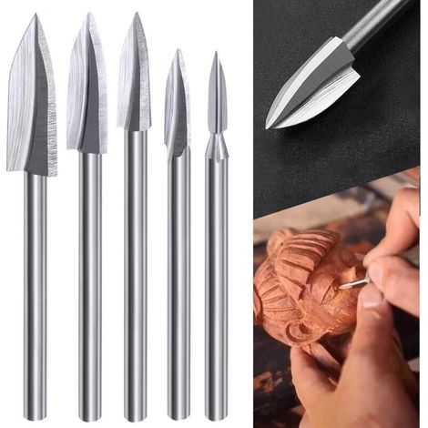Mèches de Gravure sur Bois, 5 Pcs Ensemble d'Outils de Sculpture pour Accessoires d'Outils Rotatifs avec une Tige de 1/8 pouce Adaptation Universelle pour Outils Rotatifs (1/5)