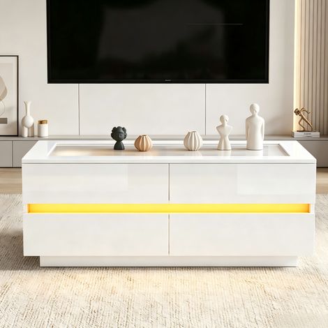Mesa de centro de 100x50x40 cm con 4 cajones LED, tablero de cristal templado, estructura de panel estable - blanca (1/5)